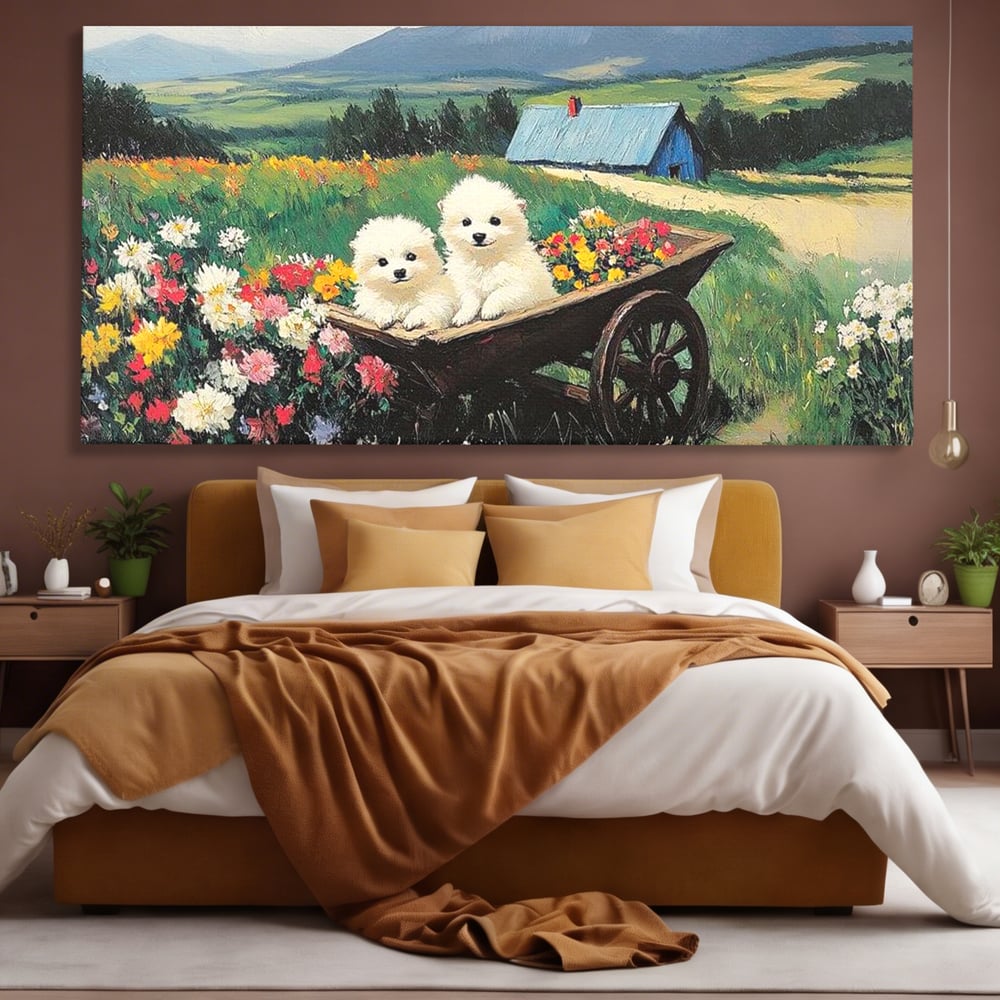 Tablou canvas cu tablou canvas cu catelusi intr-o roaba, fara rama, pe sasiu de lemn, pe perete intr-un dormitor